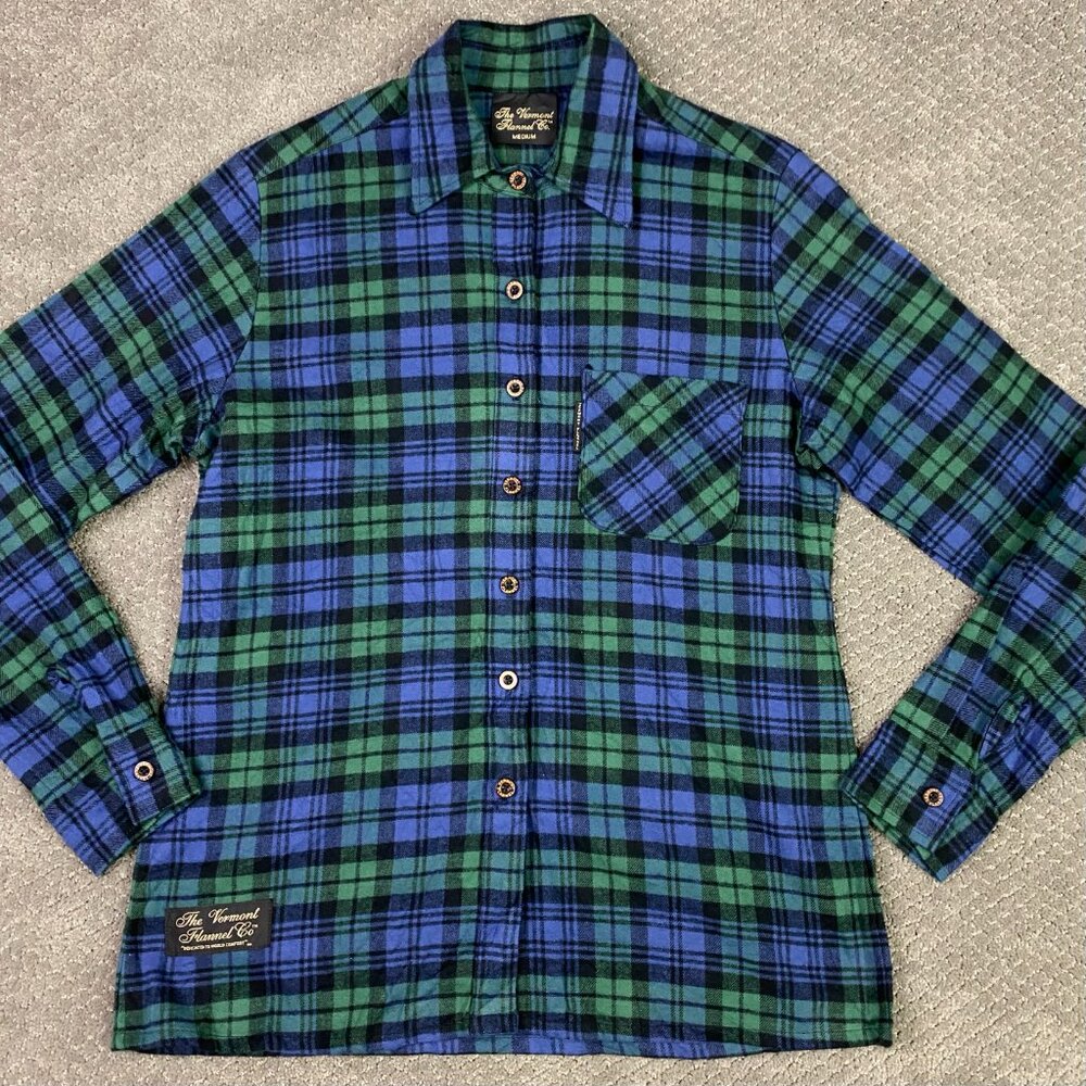 The Vermont Flannel Co. Shirt Women's Medium Blue Green Plaid Check Cotton